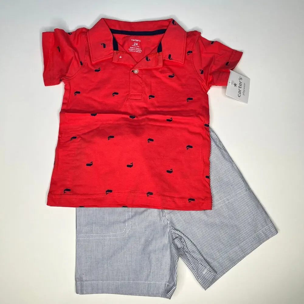 Carter's Outfit Whale Polo Striped Nautical 2 Piece Shorts Outfit New 24M